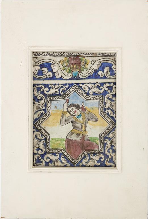A Persian (Iranian)  tile, glazed pottery, Qajar dynasty, 19th century.