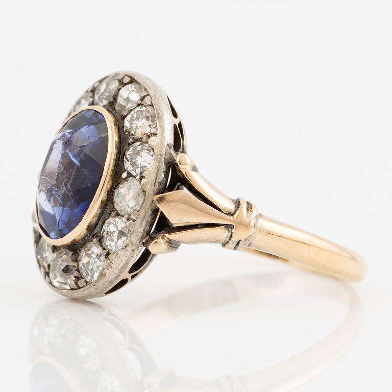 Ring, cameo model 14K gold with sapphire and old-cut diamonds.