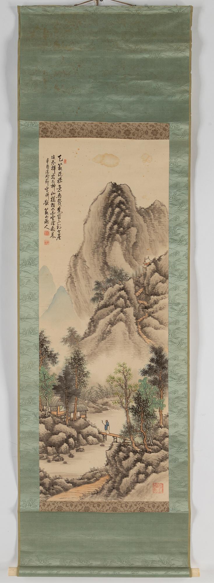 RULLMÅLNINGAR, tre styckern, tusch och färg på papper. Japan, 1900-talets första hälft.