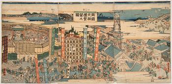 UTAGAWA KUNISATO (?-1858), triptych, color woodblock print. Japan, 1853. 'Kokugikan'.