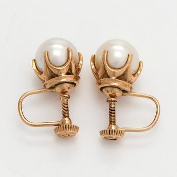 A pair of 14K gold earrings with cultured pearls.