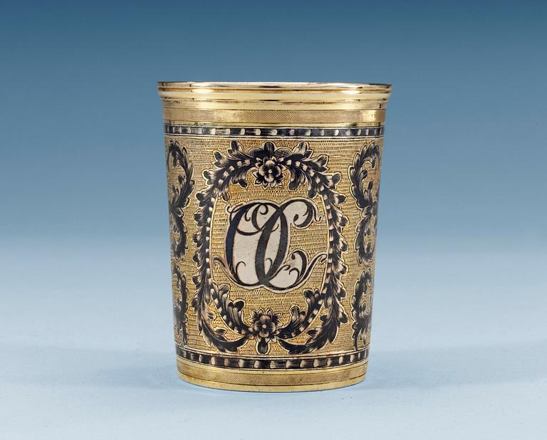 A RUSSIAN SILVER-GILT AND NIELLO BEAKER, unidentified makers mark, Moscow 1826.