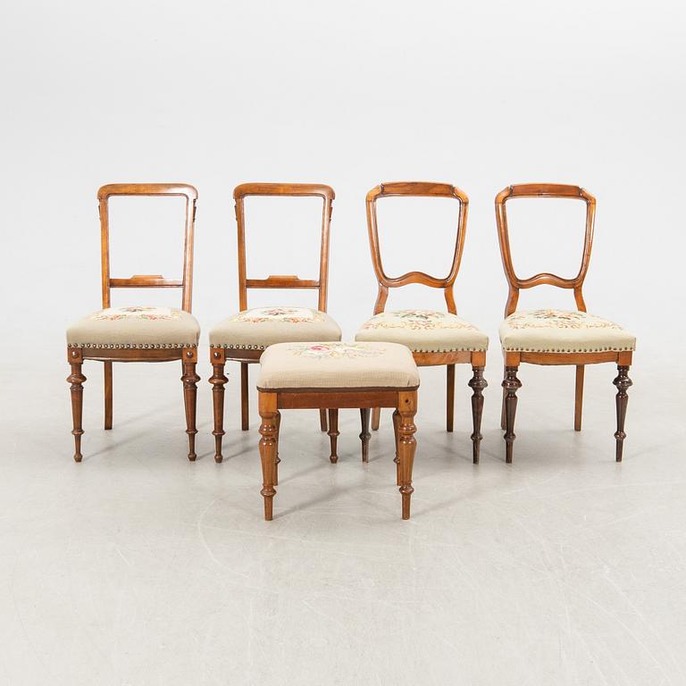 Chairs 2 pairs and a stool, late 19th century (5 pcs).