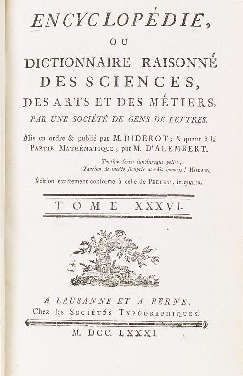 DENIS DIDEROT & JEAN LE ROND D' ALEMBERT. ENCYCLOPÉDIE, OU DICTIONNAIRE, 1778-1781.