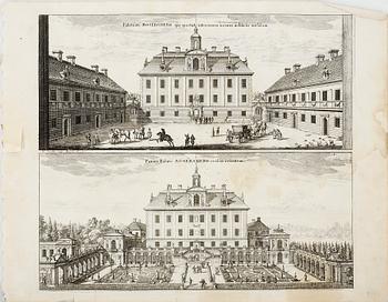 GRAVYRER, 5 st. Ur Suecia antiqua et Hodierna. Ur originalutgåvan, 1700-talets början. Föreställande Rosersbergs slott.