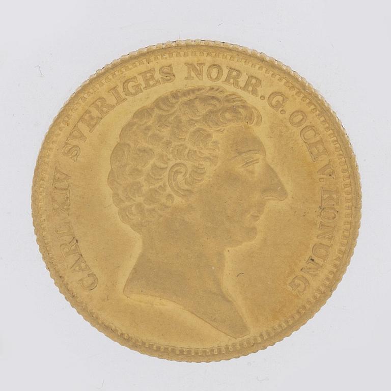 A gold 2 ducat coin Karl XIV Johan of Sweden, 1843.