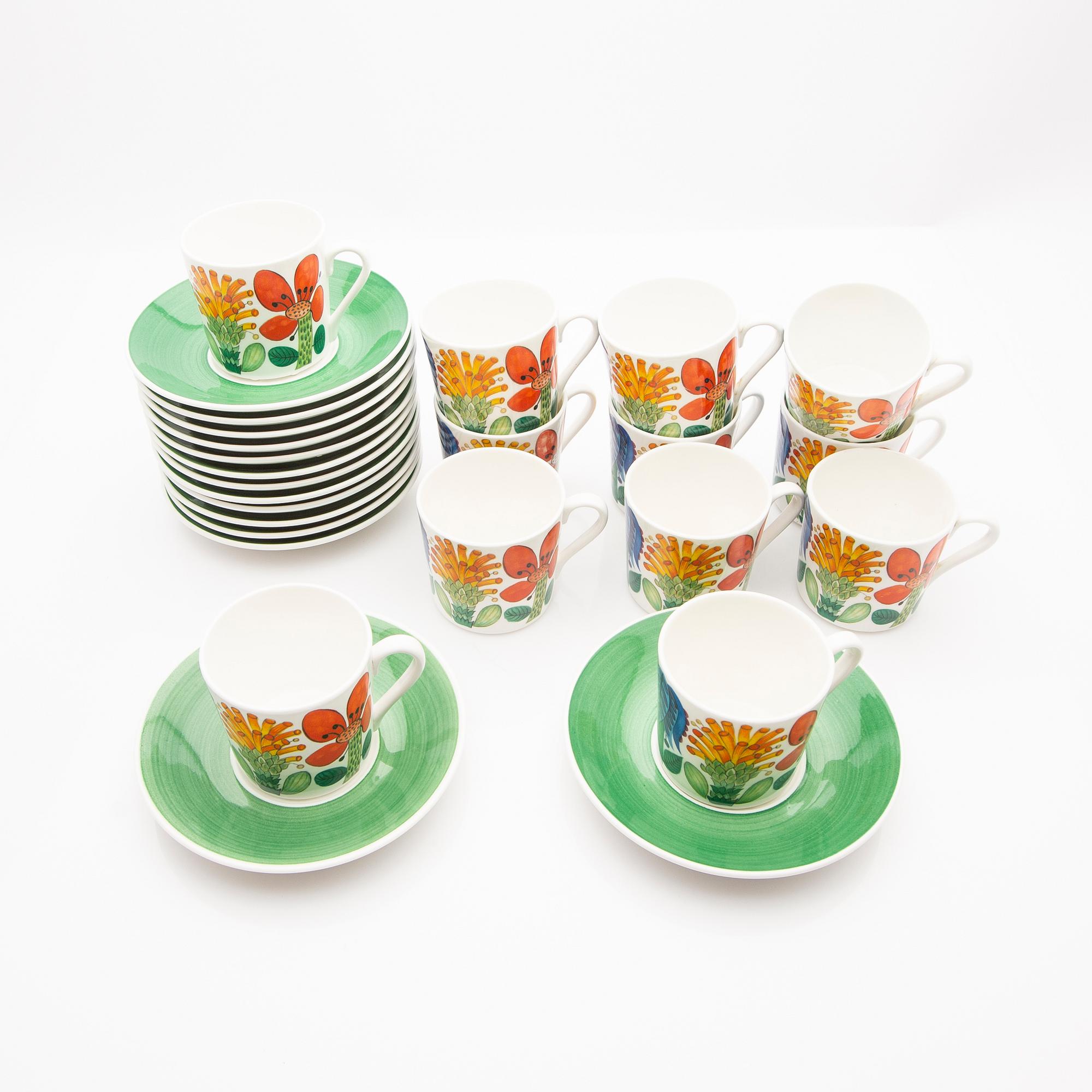 Stig Lindberg, Coffee cups with saucers, 12 pcs, + 2 saucers, "Tahiti", Gustavsberg, 1970s.
