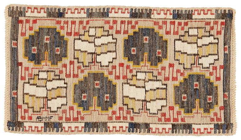 Märta Måås-Fjetterström, vävnad, "Grodblad blå", inplock på linnebotten, ca 41 x 74,5 cm, signerad AB MMF.