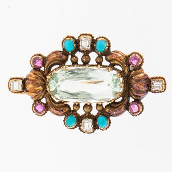 Giron & Löngren, Brosch med en akvamarin, diamanter, turkoser och rubiner, Stockholm 1832.