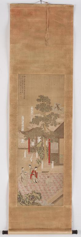 A Chinese scroll painting, ink and colour on paper, Qing dynasty, 19th Century.