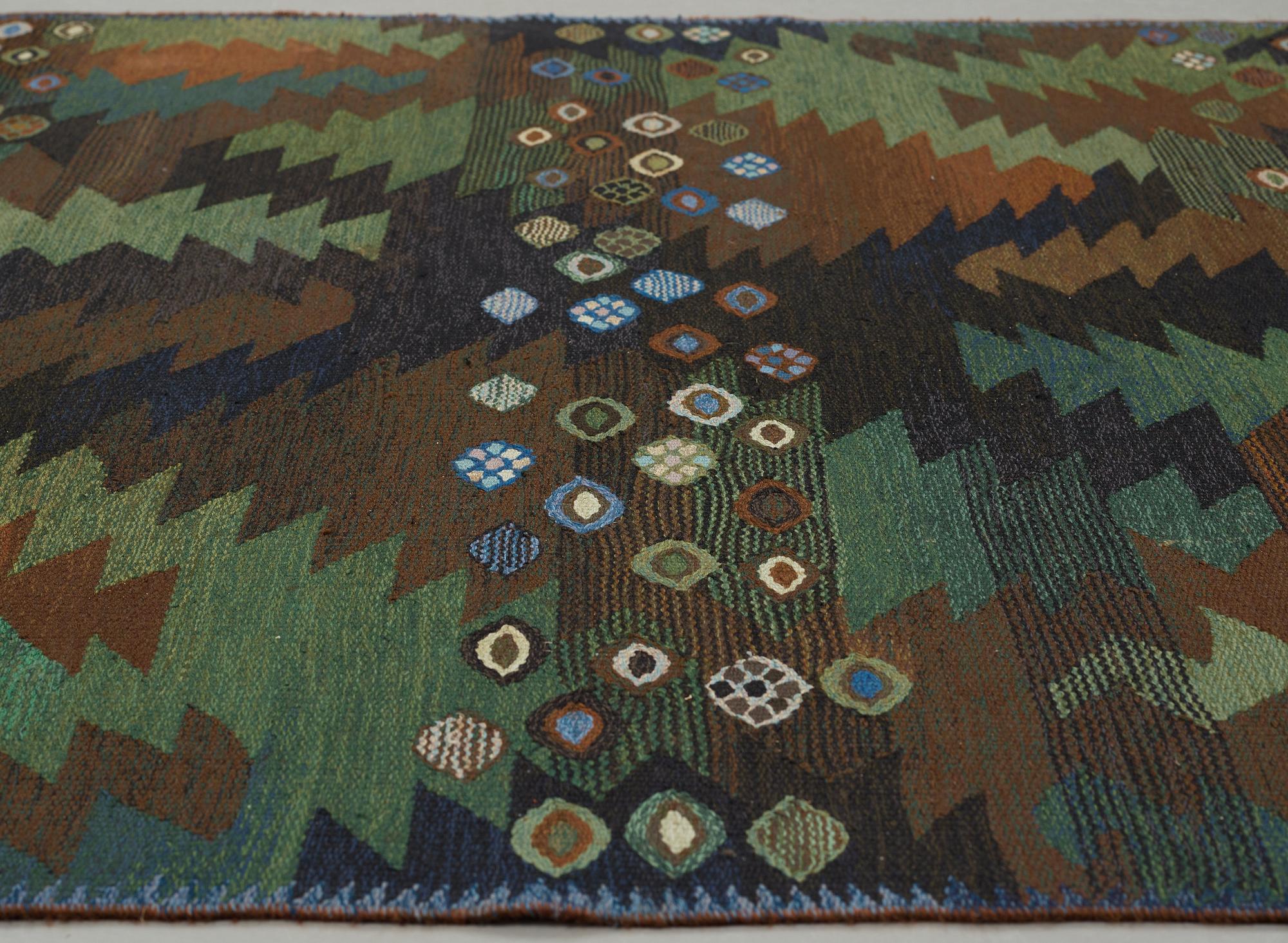 Barbro Nilsson, MATTA, "Tånga brun och grön", gobelängteknik, ca 228 x 169,5 cm, signerad AB MMF BN.