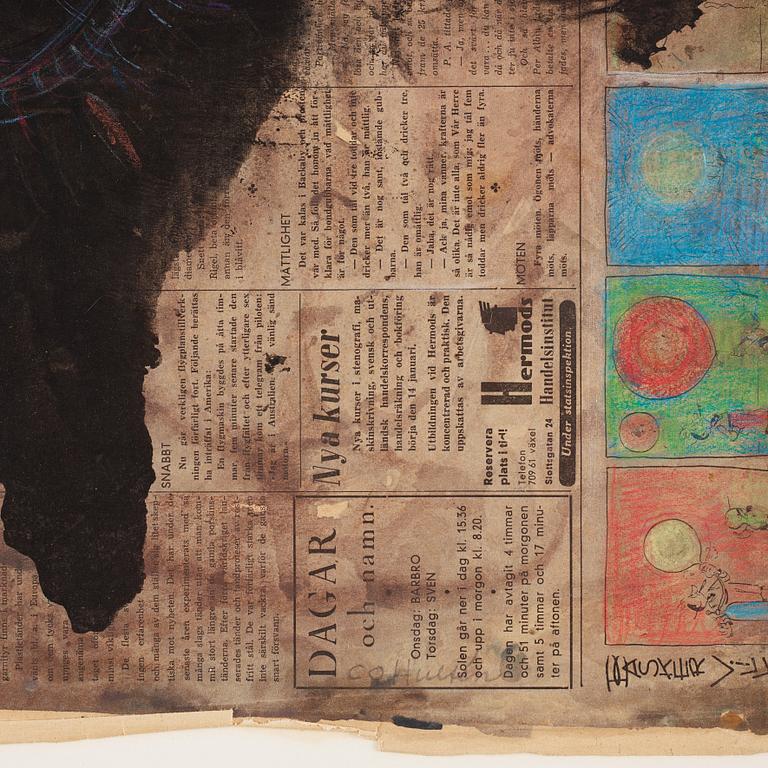 CO Hultén, akvarell och tusch på tidningssida, signerad och utförd 1946,