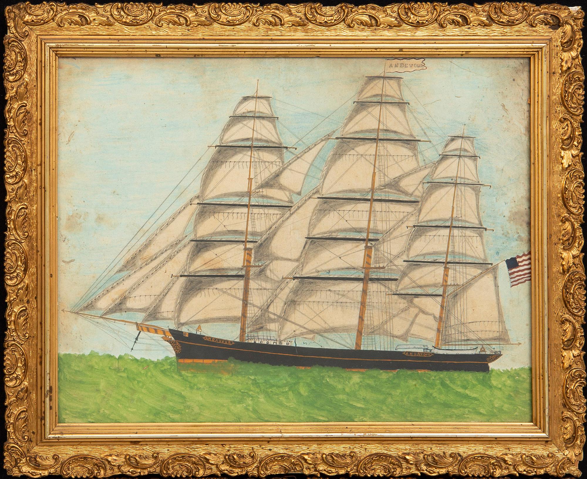 Two portraits of sailing ships, mixed media, 19th century.