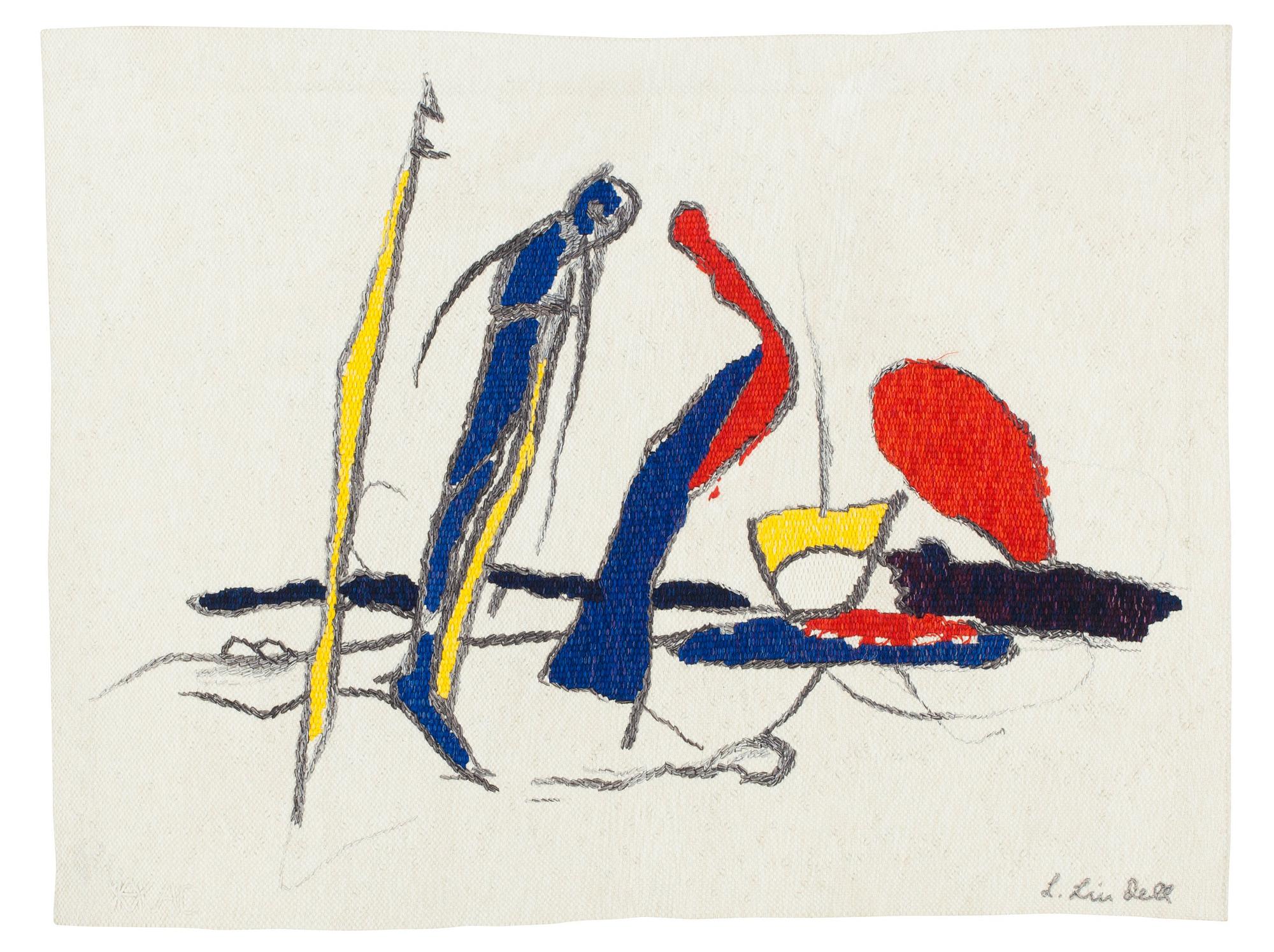 Lage Lindell, VÄVD TAPET. "Figurer i landskap". Gobelängvariant. 95 x  122 cm. Signerad HAV AC L. Lin dell.