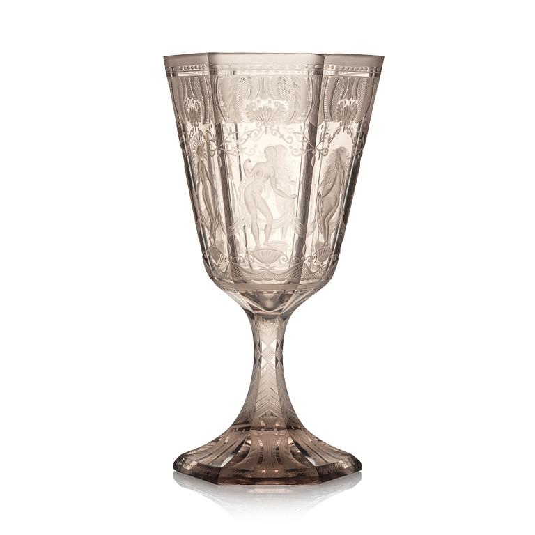 Simon Gate, pokal, graverat glas, "Sex Gracer", Orrefors, 1927.