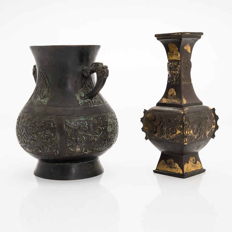 Two bronze vases, one late Qing dynasty and one 20th century.