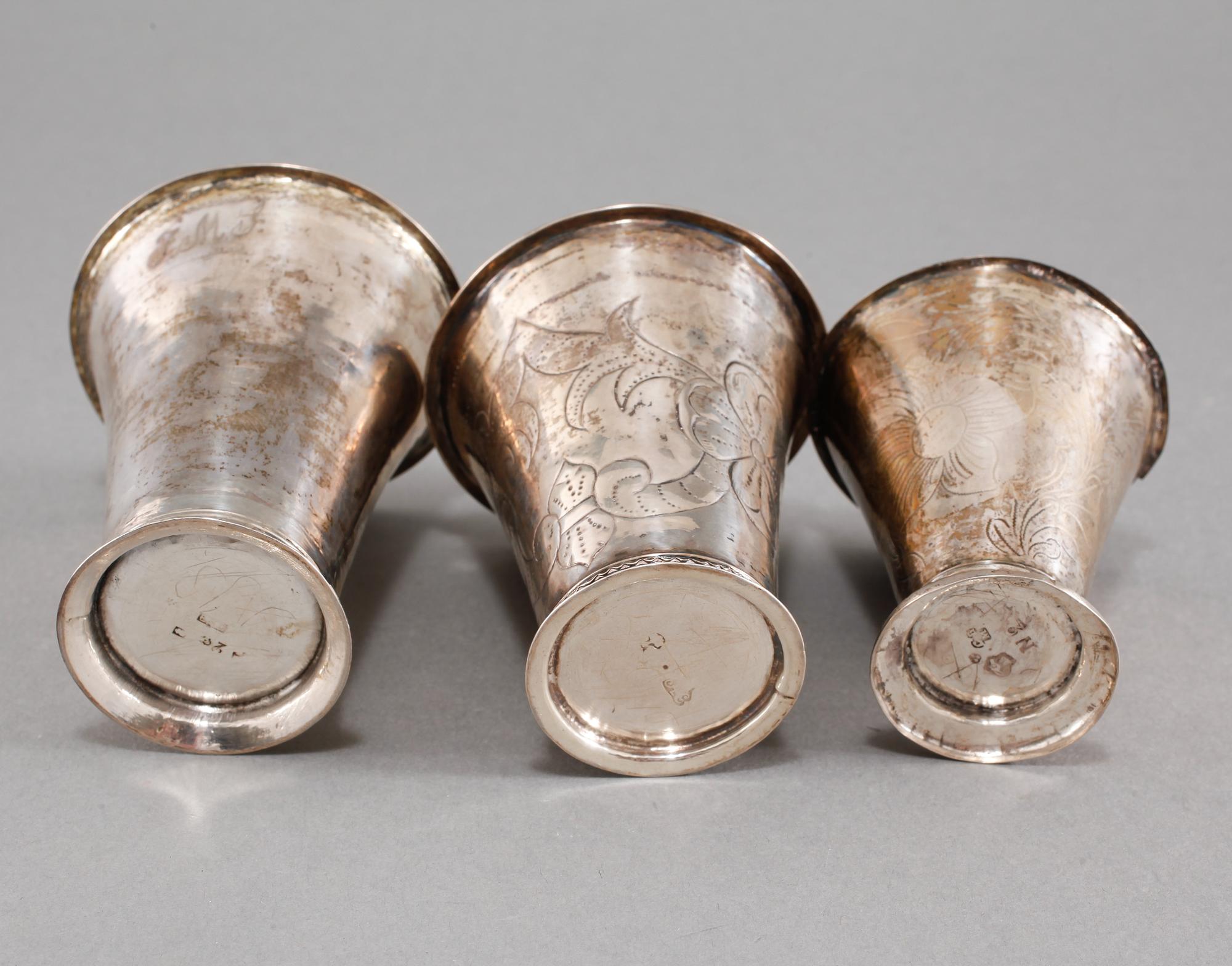 BÄGARE, 3 st, silver, bl a Sverige, 1700/1800-tal, vikt 132 gram.