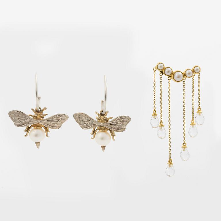 Maria Nilsdotter, a single earring, "rain earring" and a pair, silver with pearls and quartz.