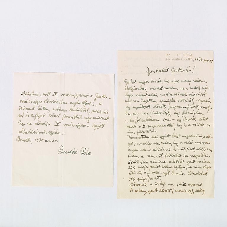 BÉLA BÁRTOK (1881-1945), elva egenhändigt skrivna och signerade brev och brevkort. I huvudsak daterade Budapest 1930-38.