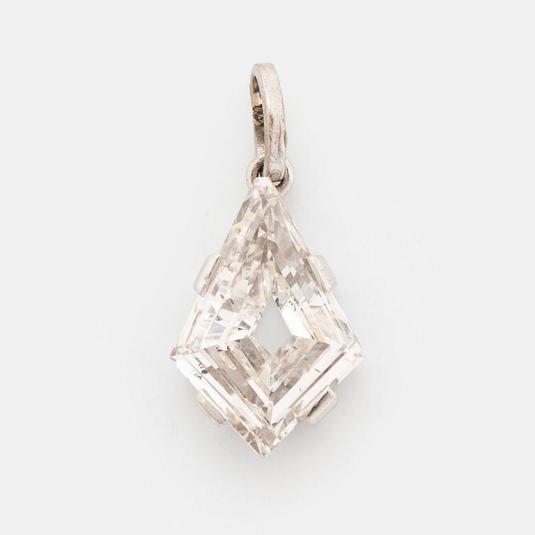 A platinum and step-cut diamond pendant.