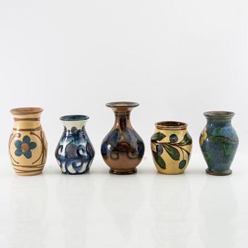 Vases 5 pcs blue Annashaab stoneware factory Denmark early 20th century glazed earthenware.