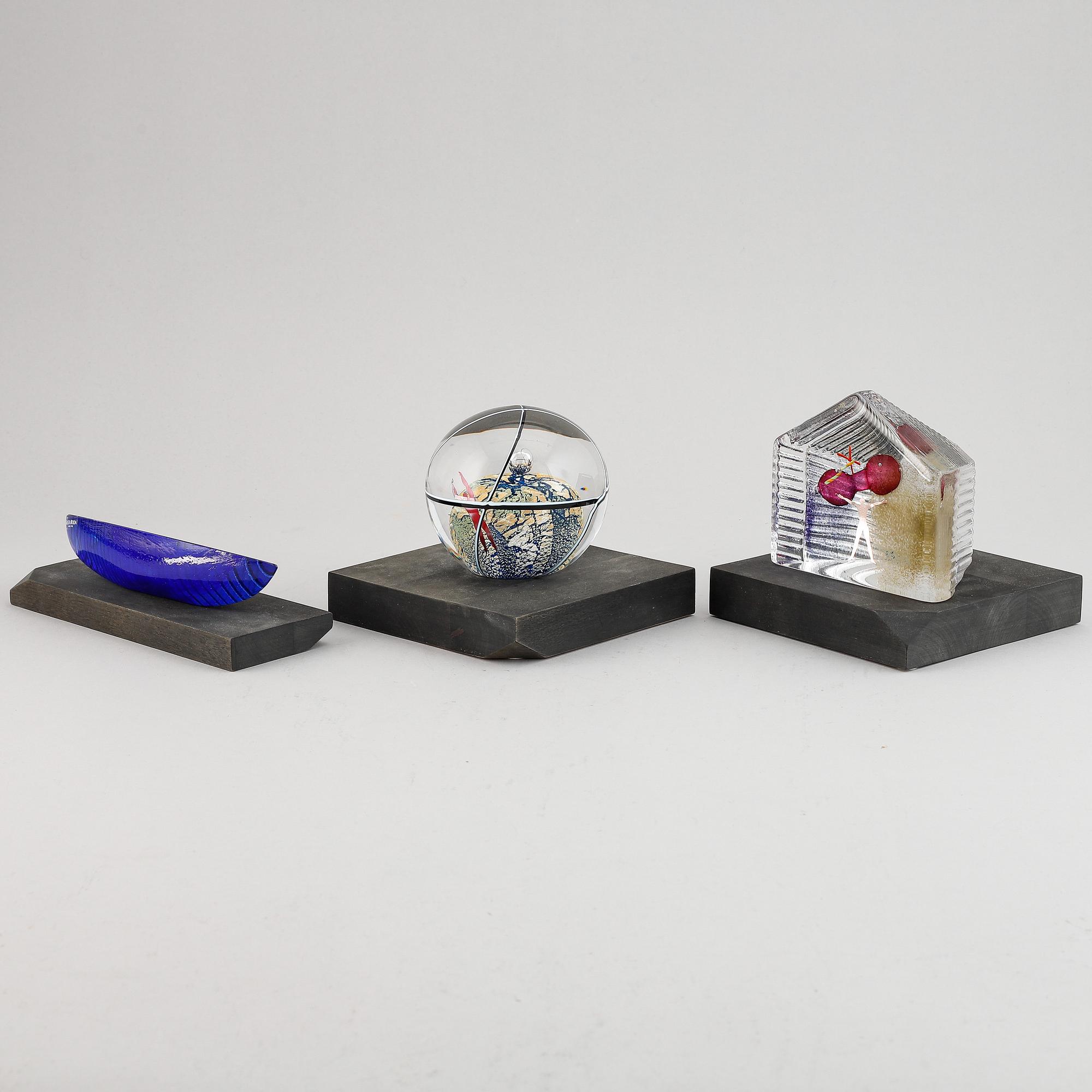 Bertil Vallien, three Kosta Boda glass sculptures.
