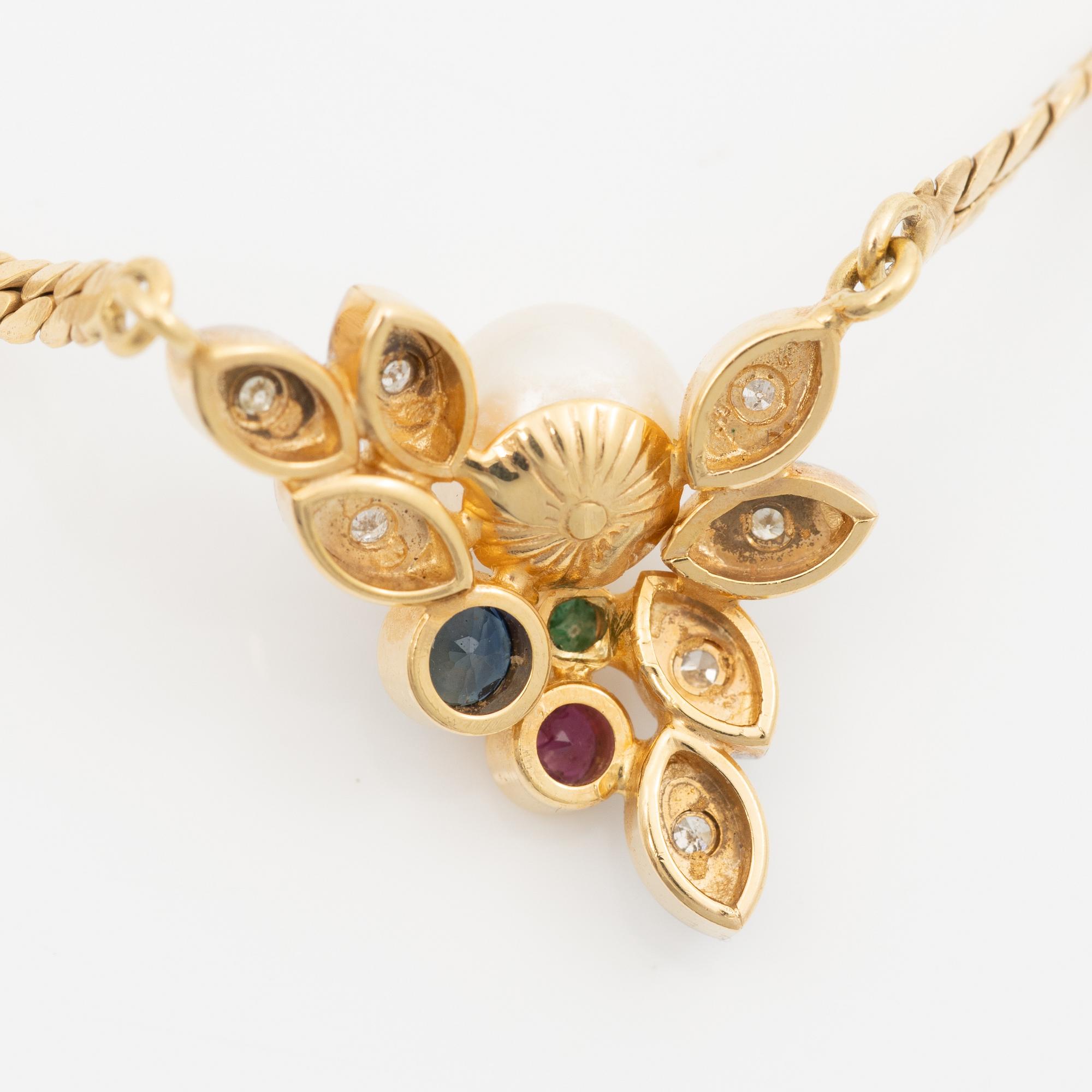 Necklace with matching earrings, 18K gold with pearls, diamonds, emeralds, rubies and sapphires.