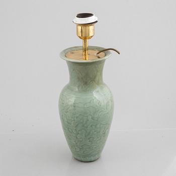 A Chinese celadon porcelain vase / table lamp, late Qing dynasty.