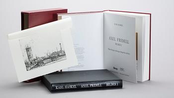 BÖCKER, 2 st, Axel Fridell, Karl Haskel, 2 band med tot. 3 etsningar. 1986-89.