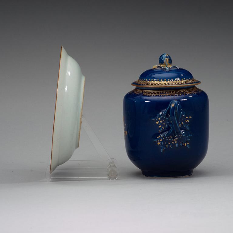 A powder blue sugerbowl with cover and dish, Qing dynasty Qianlong (1736-95).