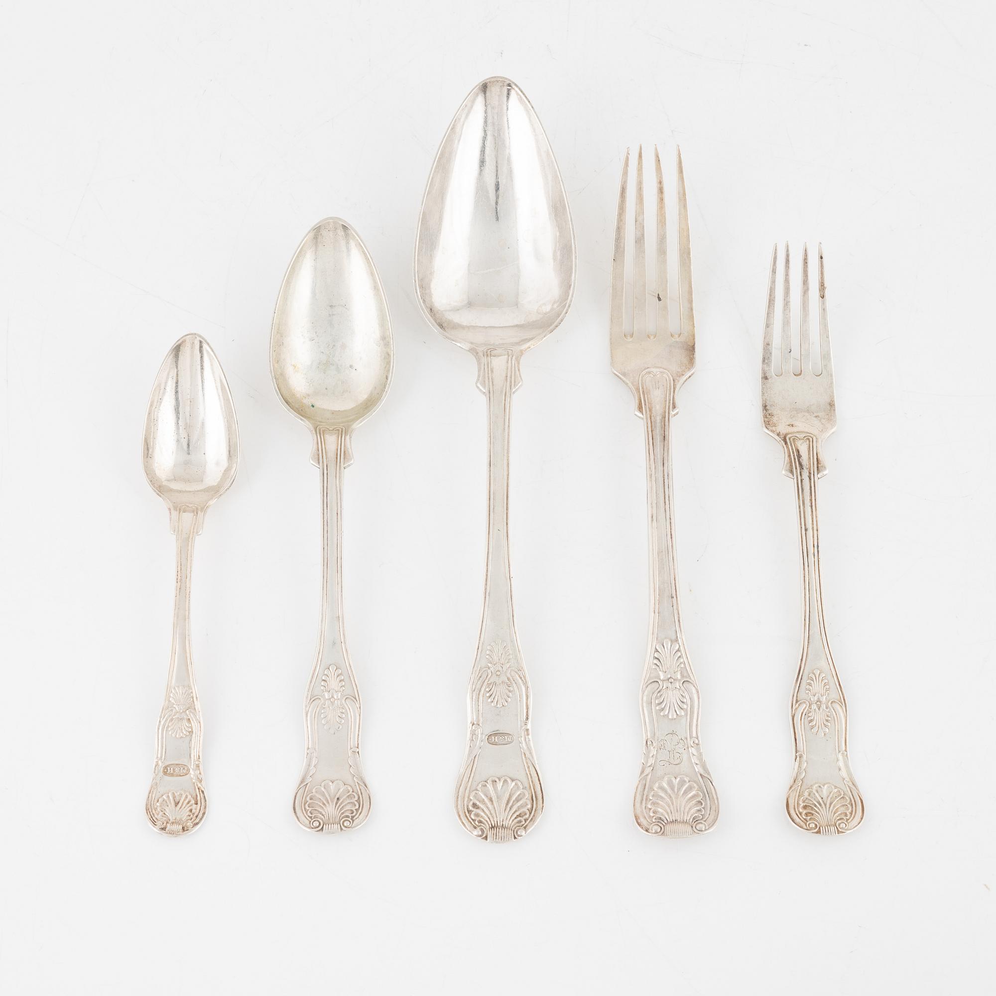 Bestick, 16 delar, silver, "Engelsk Snäck", bl.a Gustaf Möllenborg, Stockholm, 1854-1885.