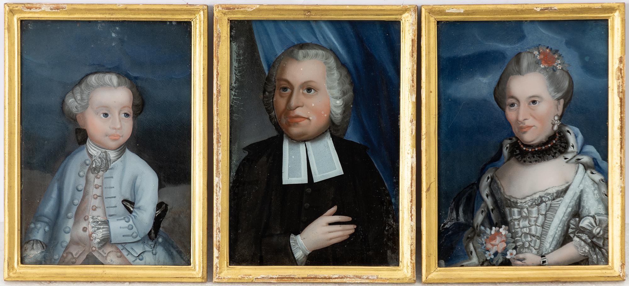 Glass paintings, Sweden, 3 pcs, 18th century.