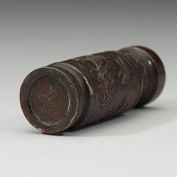 A cylindrical patinated bronze vase with silver inlay, Qing dynasty, 18th century.