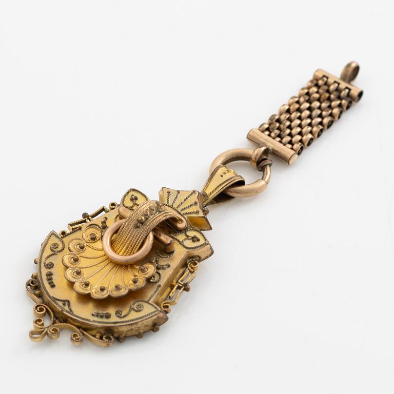 Bracelet and pendant/brooch, gilded possibly silver, with pearls 19th century.