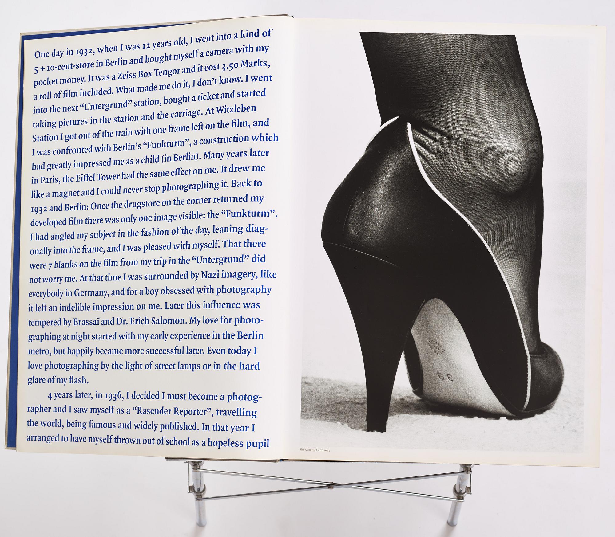Helmut Newton, Signed book published by Taschen, Monte Carlo, 1999, ed 10000, with a metal table.
