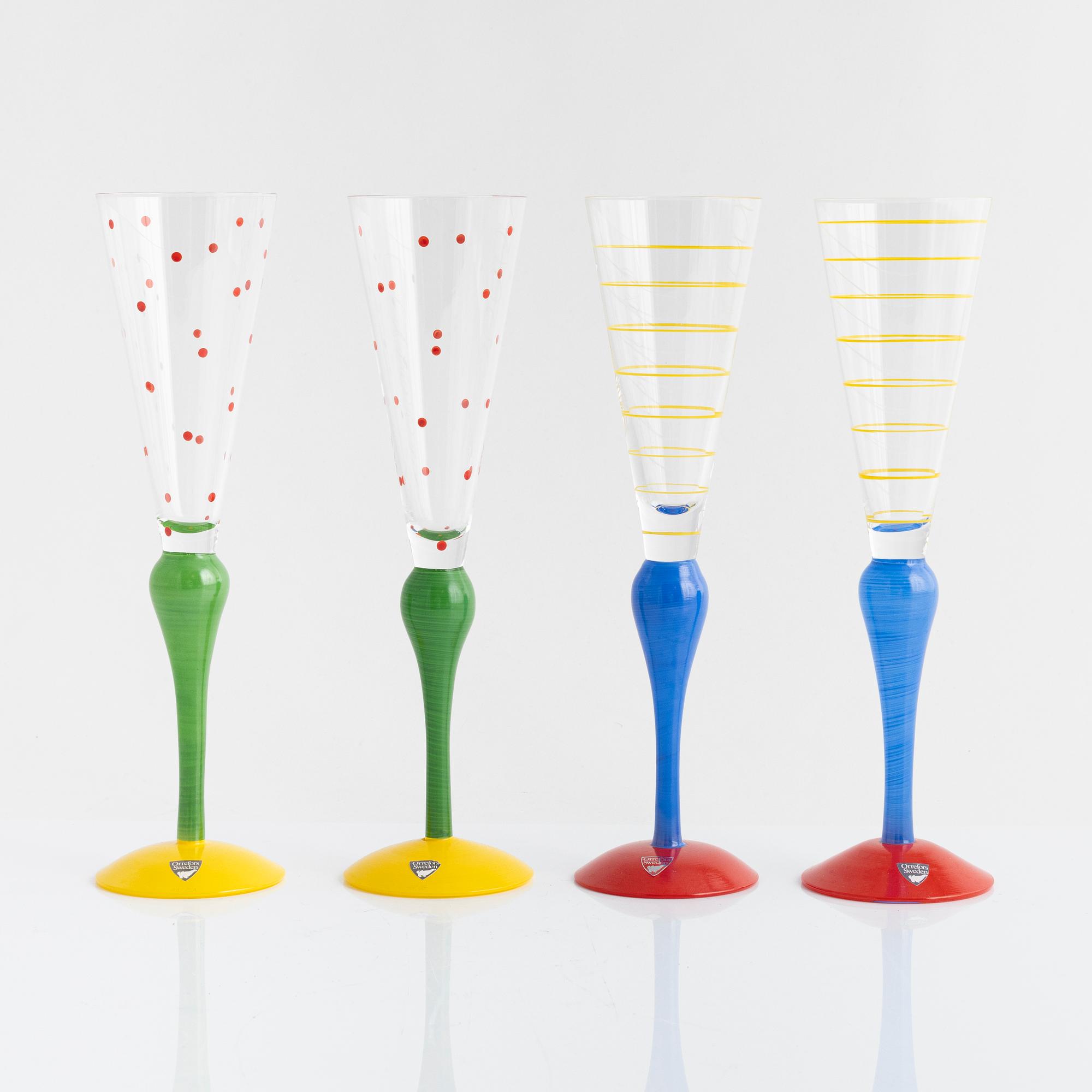 Anne Nilsson, four 'Clown' champagne glasses, Orrefors, Sweden.