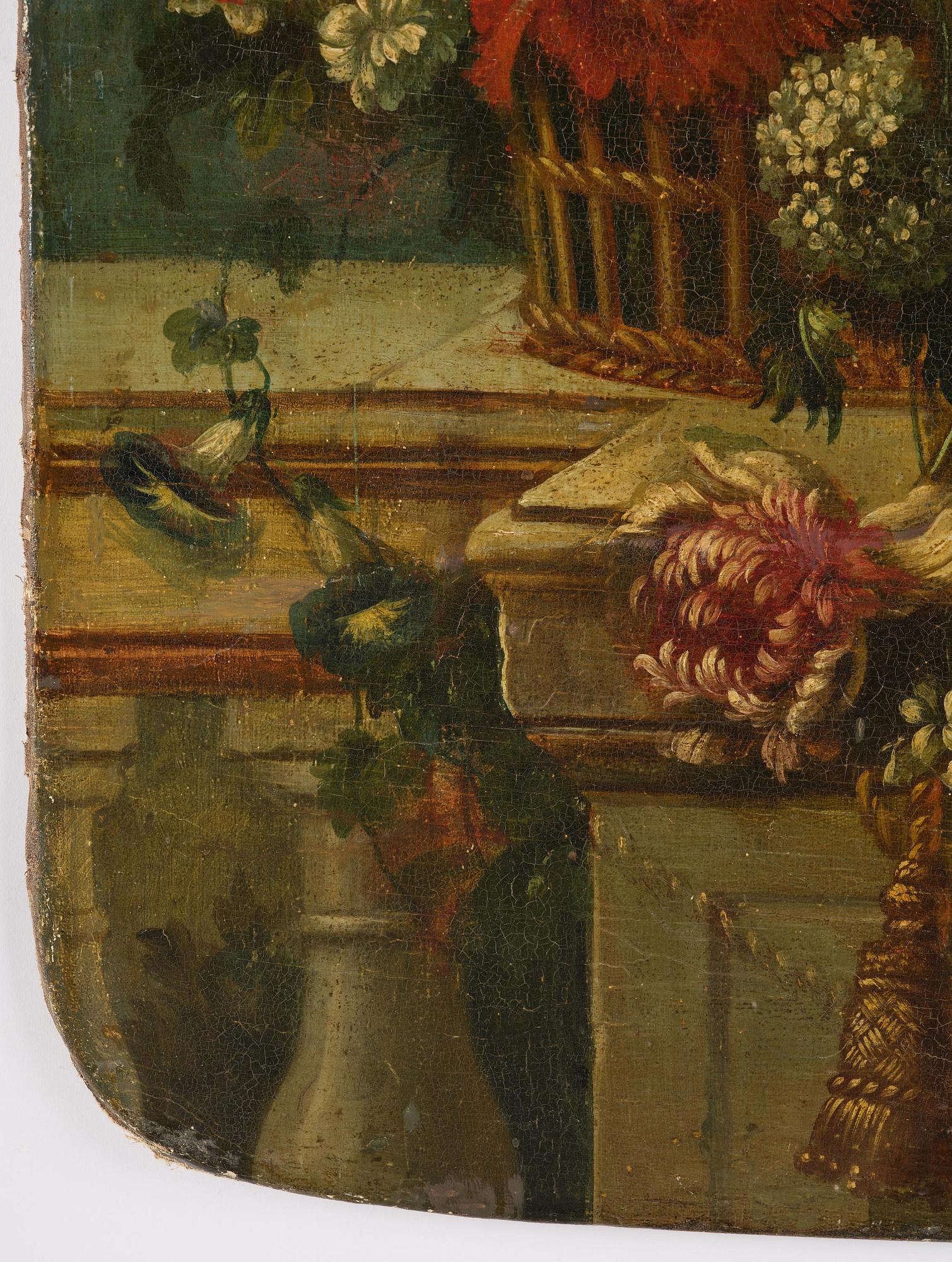 Pieter Casteels III, follower of, Wall panels, a pair, Flower urns with a parrot and a monkey respectively.