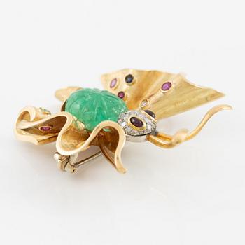 Brooch in the form of a butterfly, 14K gold with carved emerald, sapphires, emeralds, rubies, and diamonds. Second half of the 20th century.