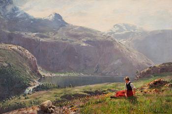 179. Hans Andreas Dahl, Young girl in a fjordlandscape.
