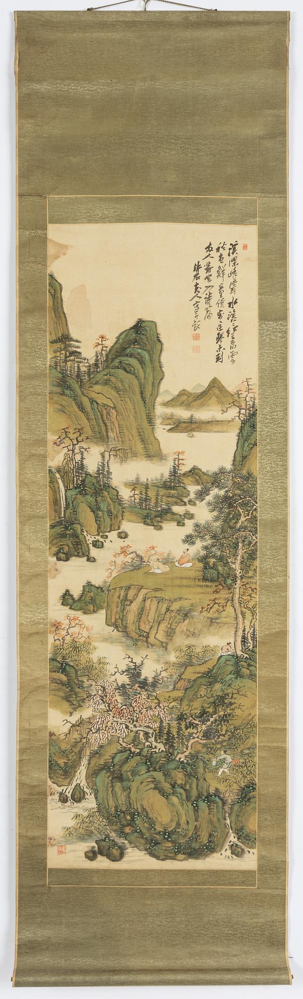 Rullmålning, okänd konstnär, färg och tusch på siden. Qing dynastin. Signerad och med fyra sigill i rött.