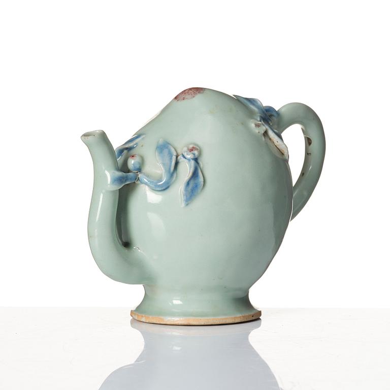 A celadon and underglaze blue and red glazed Cadogan tea pot, Qing dynasty, 19th Century.