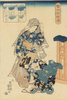 Utagawa Kuniyoshi, färgträsnitt, 3 st, Japan, 1800-talets mitt.