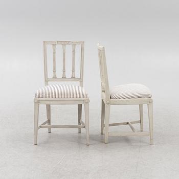 Stolar, 3 st, sengustavianska, omkring 1800. Samt en stol, sengustaviansk stil, 1900-tal.