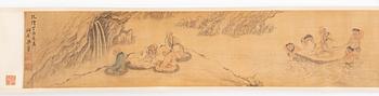 A Chinese scroll painting, by an unidentified artist, "Lohans Crossing the sea", late Qing dynasty/around 1900.