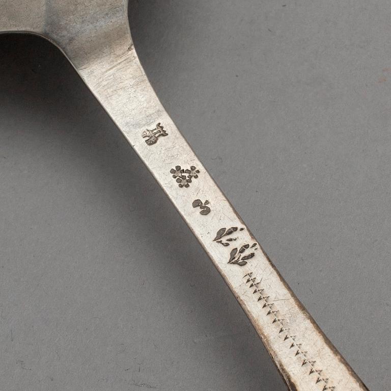 A SET OF FOUR SILVER TABLE SPOONS, possibly Belgium, 18th century.