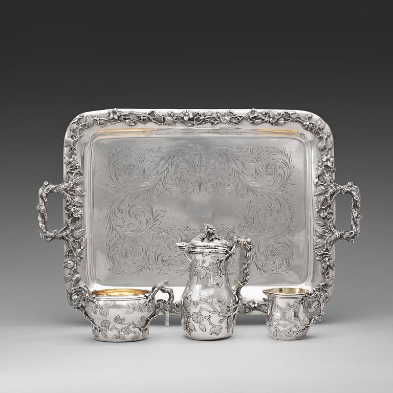 A Swedish 19th century parcel-gilt four piece coffée-set, makers mark of Gustaf Möllenborg, Stockholm 1849.