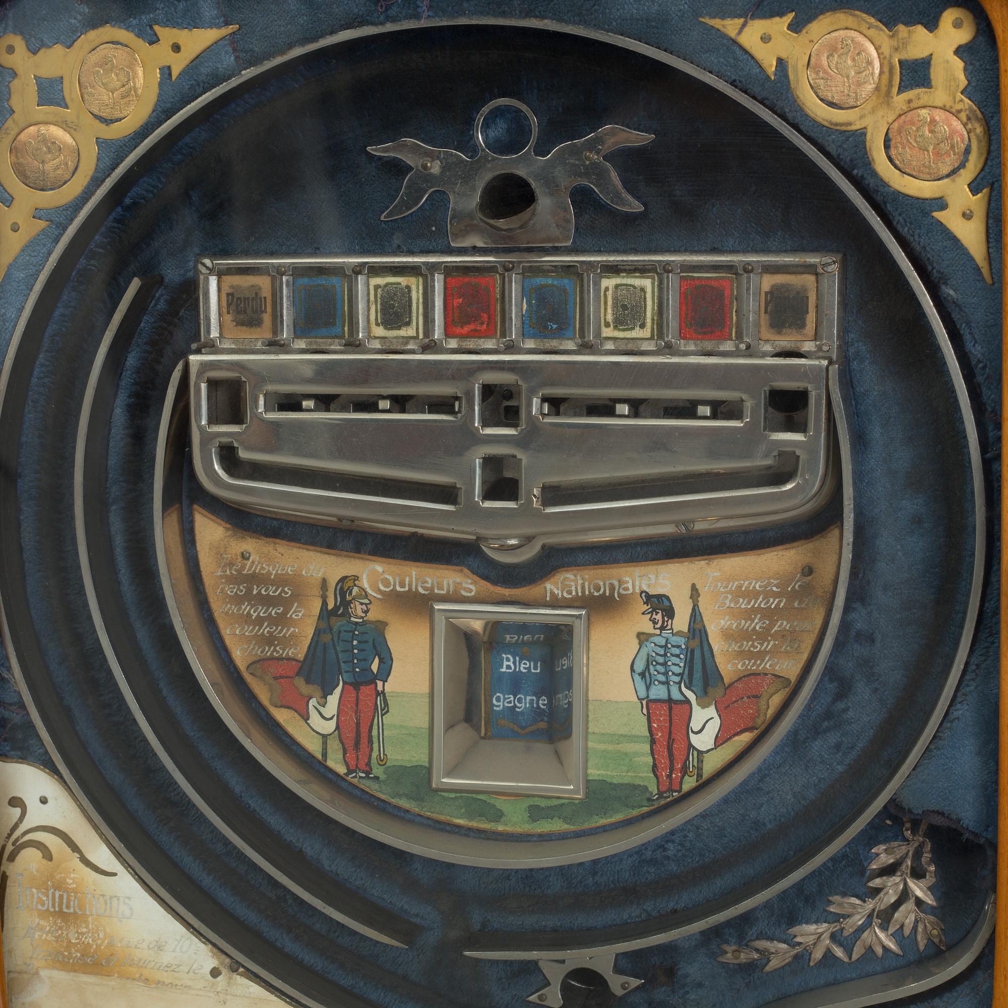 A 'Coleurs Nationales' Bussouz slot machine, Paris, France, circa 1900.