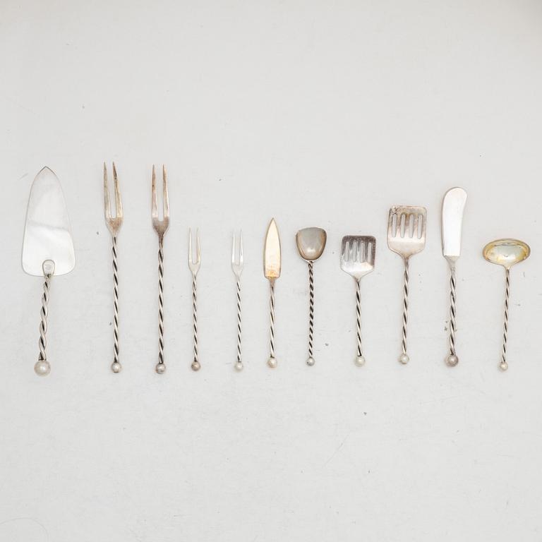Serving utensils, 10 pieces, sterling silver, Jakob Grimminger, Schwäbisch Gmünd, Germany, circa mid-20th century.