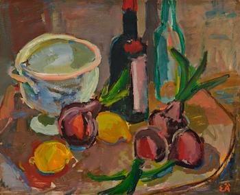 256. Erling Ärlingsson, "Nature morte" (Terrin, flaskor, lökar, citroner).