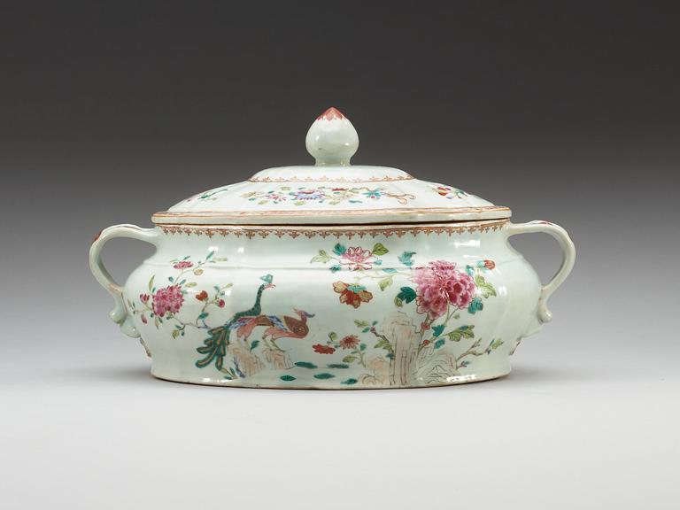 A famille rose 'double peacock' tureen with cover, Qing dynasty, Qianlong (1736-95).